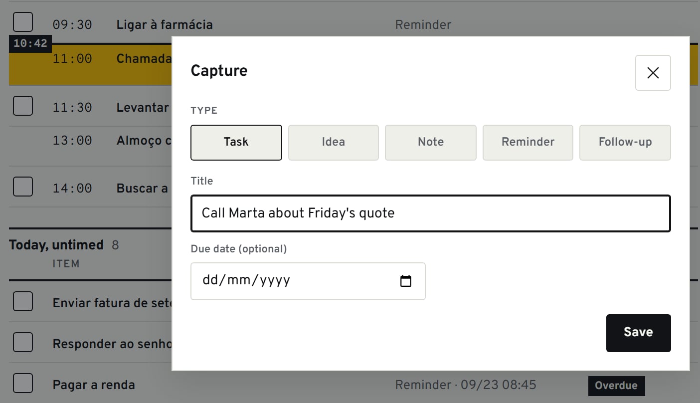 The Capture window over the Today view, titled “Call Marta about Friday's quote”, with Task chosen as the type.