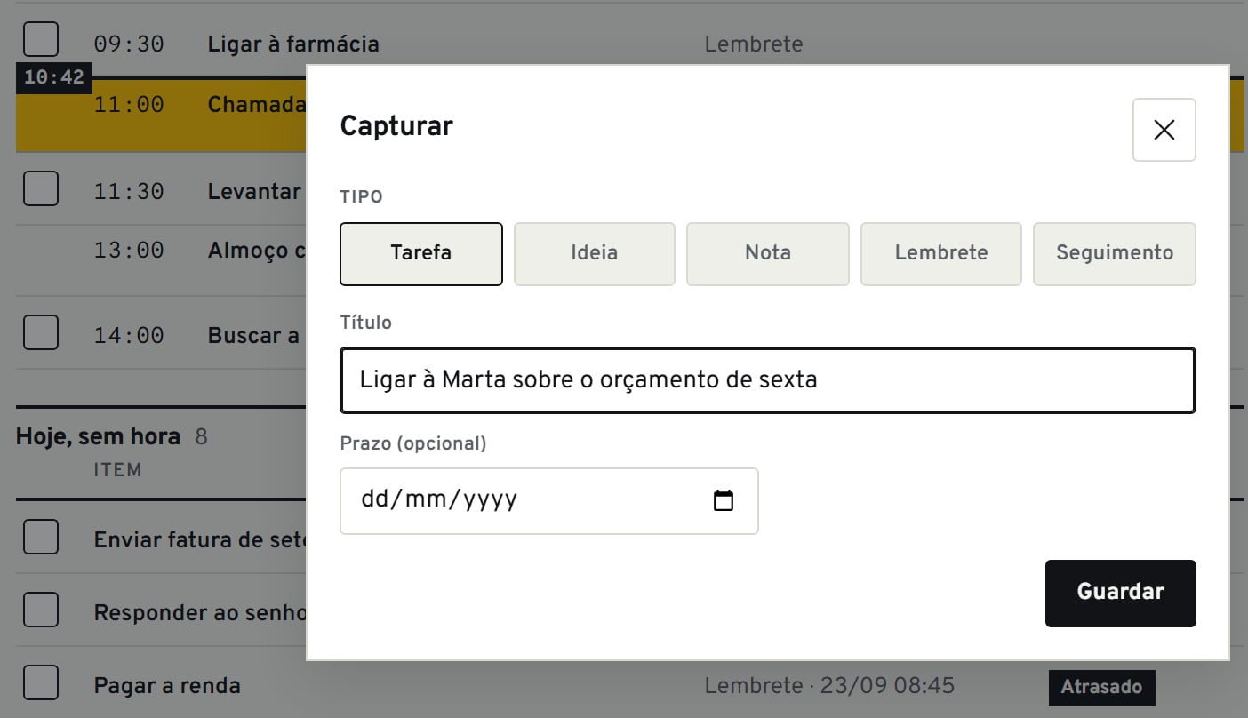 Janela Capturar aberta sobre a vista Hoje, com o título «Ligar à Marta sobre o orçamento de sexta» e o tipo Tarefa escolhido.