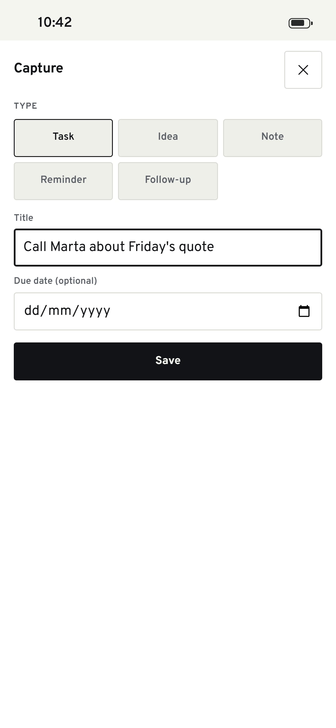 The Capture sheet on iPhone, titled “Call Marta about Friday's quote”, with Task chosen as the type.