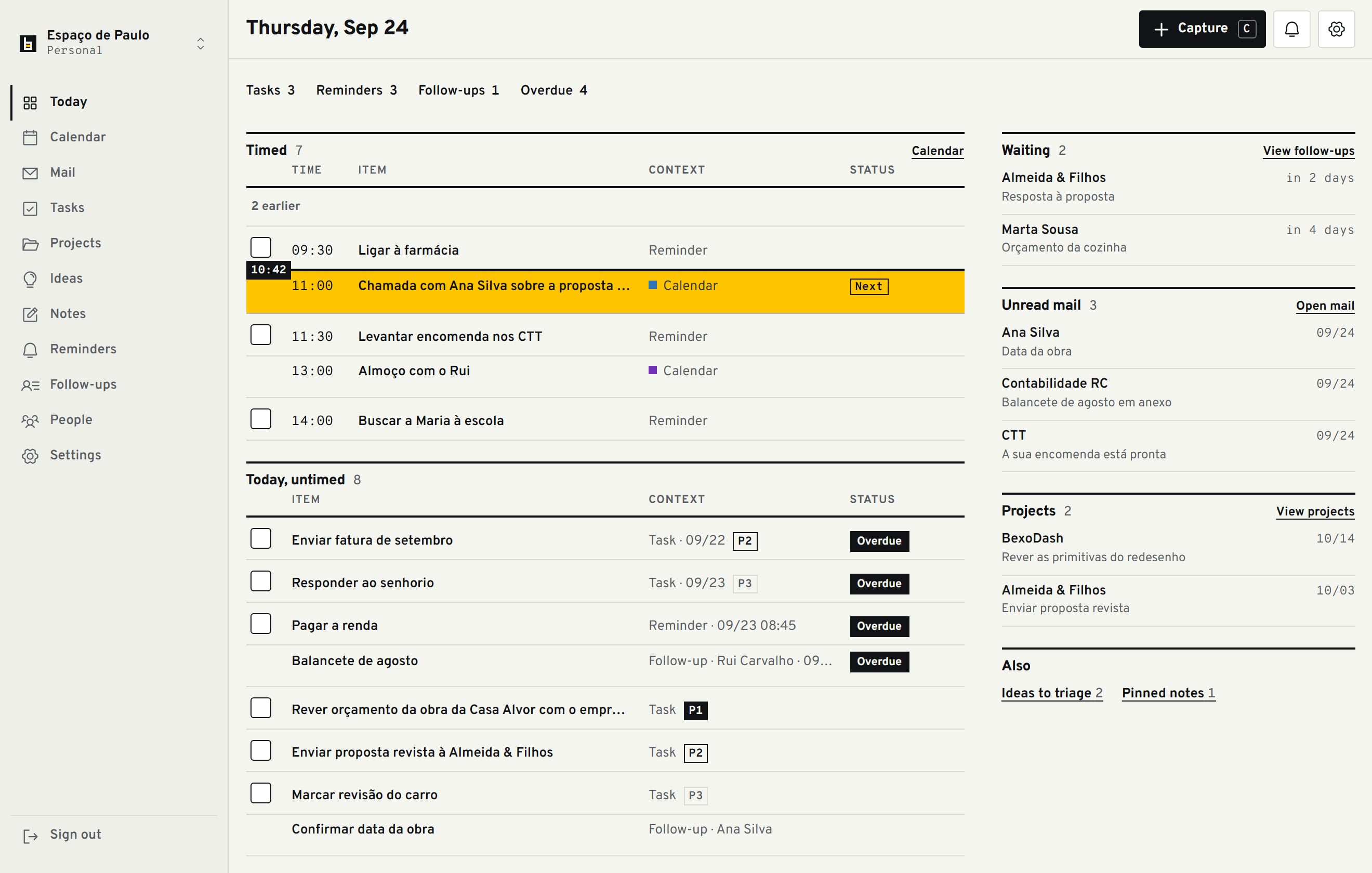 BexoDash's Today view on a Thursday at 10:42: the now line, the 11:00 call as the next item, the overdue tasks and, beside them, who you're waiting on, unread mail and projects.