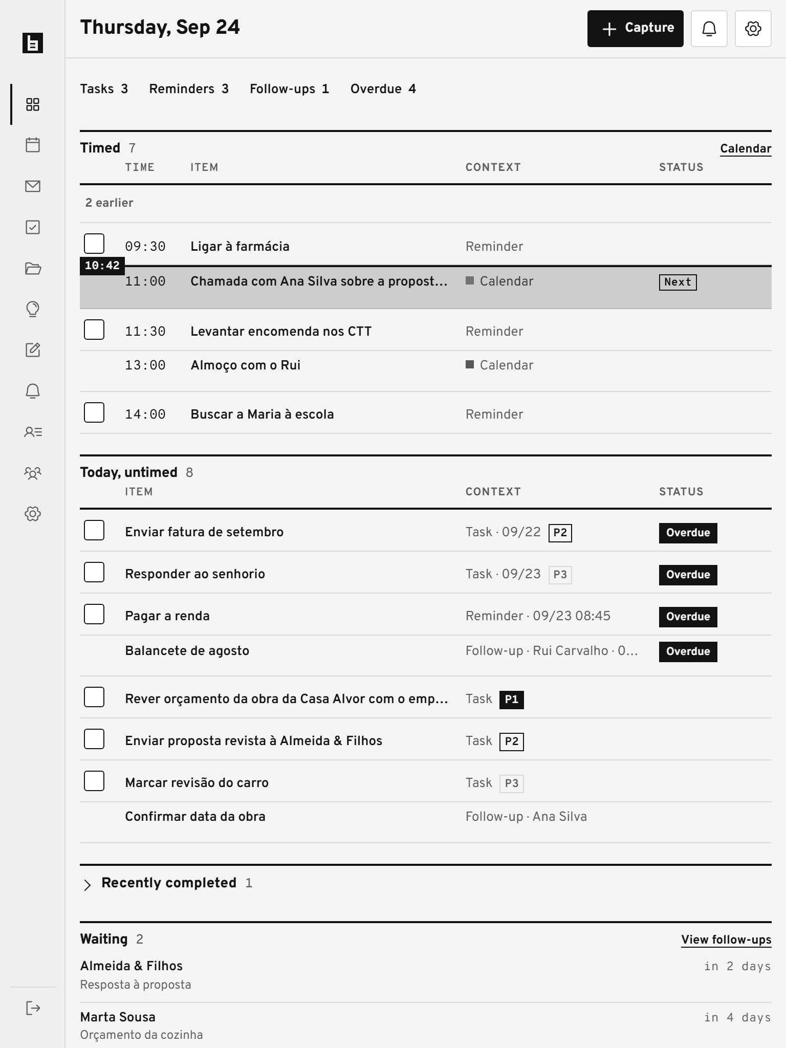 The same Today view on an e-ink tablet, in greyscale.