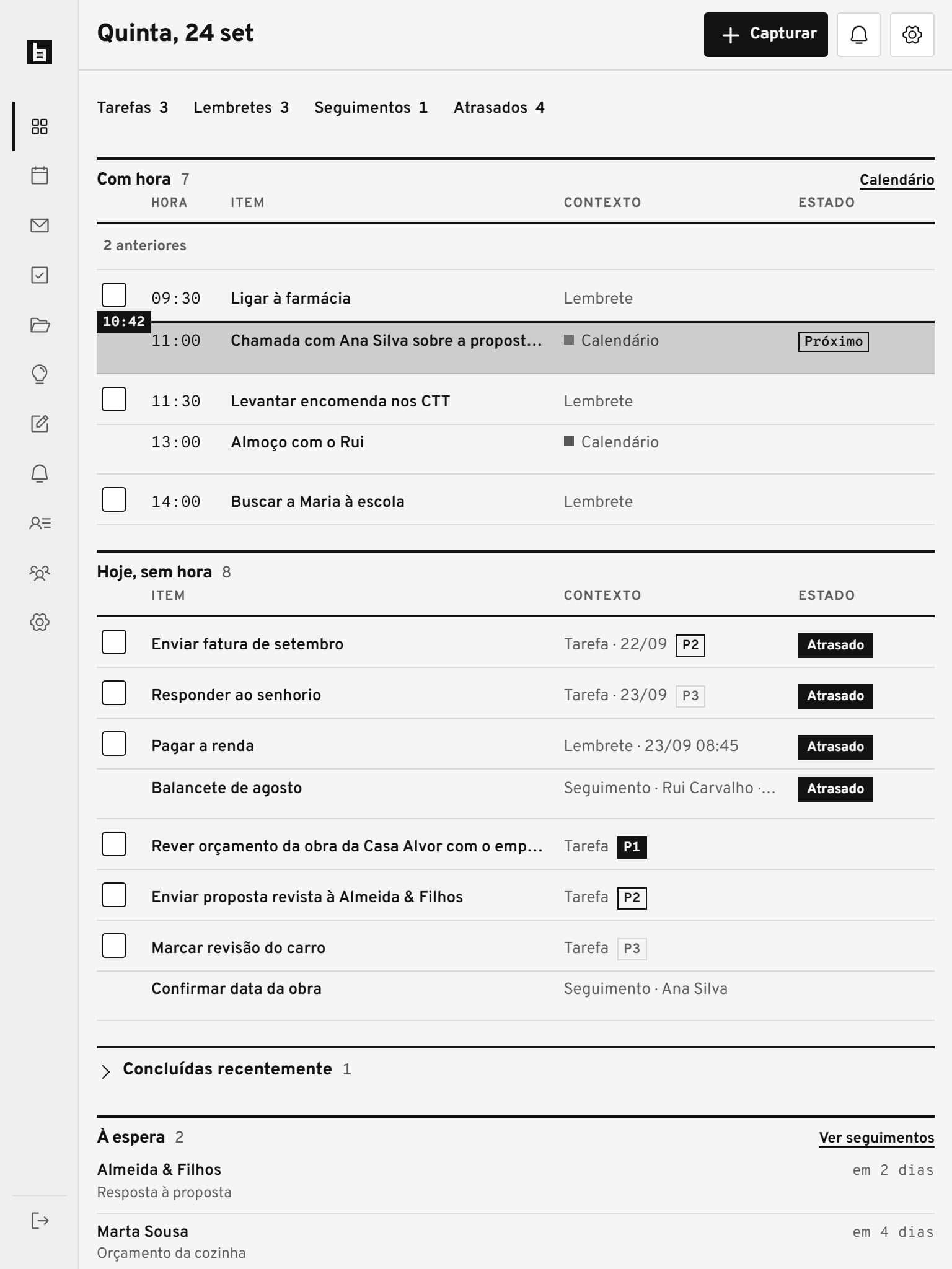 A mesma vista Hoje num tablet e-ink, em tons de cinzento.
