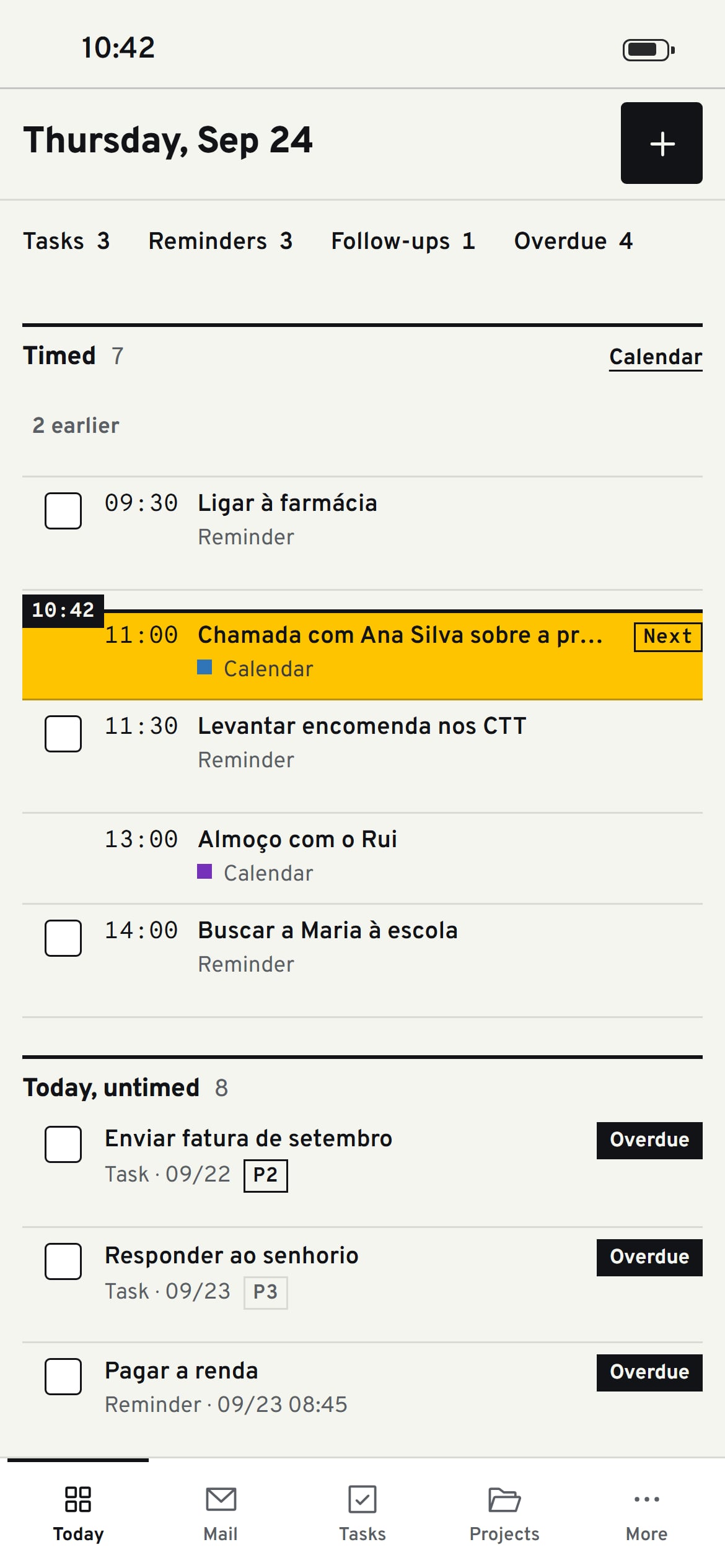 Today on iPhone: the now line at 10:42, the 11:00 call as the next item and the tab bar at the bottom.